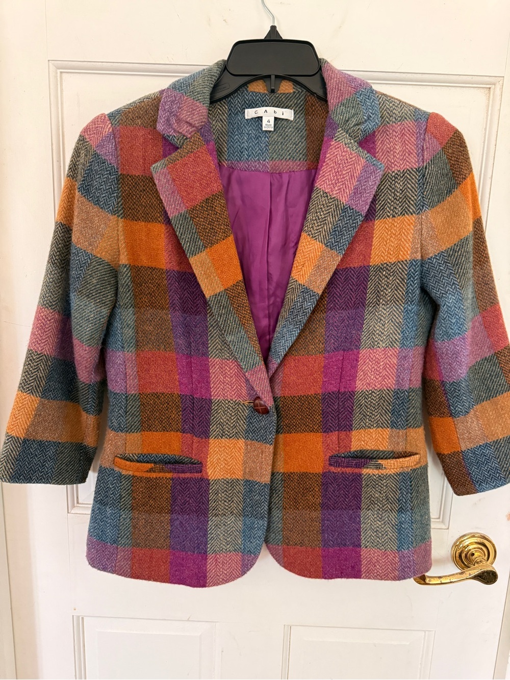 CAbi Multicolor Plaid Wool Blend Jacket - Pink, Orange & Purple